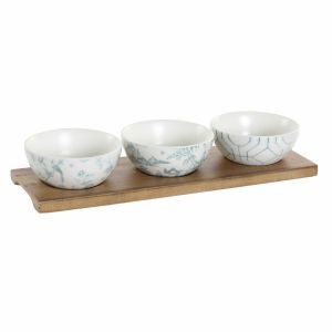 Set de Aperitiv DKD Home Decor Alb Bleumarin Porțelan Salcâm Plastic Oriental 4 Piese 30 x 9,5 x 1,3 cm